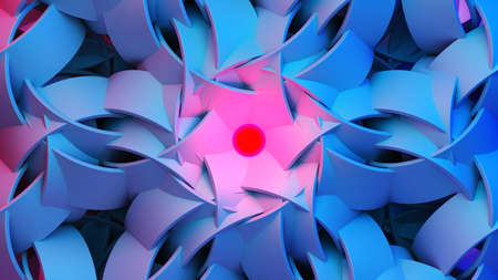 Scientific or technology abstractions with rings ornament flying in surreal symmetric structure around the red light orb. Abstract background with purple and blue fluorescent and vibrant tech structure. 3D illustrationの写真素材