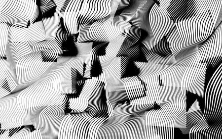 Abstract woodcut styled background with waves of lines revealing cube shapes.のイラスト素材