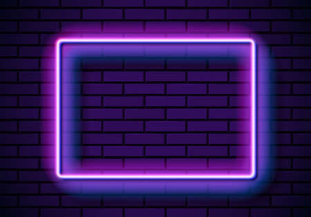 Neon frame with square shape on the blue brick wall. Classic rectangular 80s styled purple shiny glowing neon sign.のイラスト素材