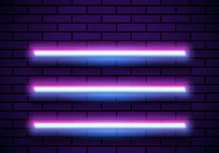 Neon frame with shelves on the blue brick wall. Classic round 80s styled purple shiny glowing neon signのイラスト素材