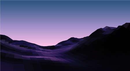 Calm evening landscapewith mountains and violet sky over pink horizon. Polygonal terrain in 80s vaporwave style.のイラスト素材