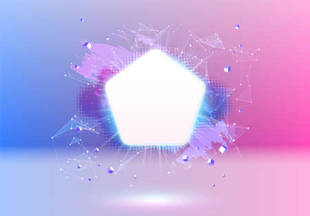 Abstract pink and blue vaporwave styled background with shiny neon frame, brush stroke, halftone blot and triangular dotted grid.のイラスト素材