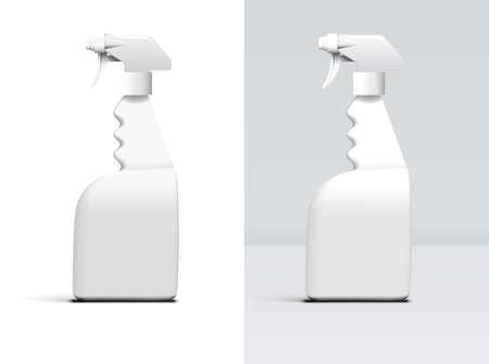 Plastic spray bottle mockup for cleaner, disinfectant or another householding hygiene item. Template with white container and separate shadows and light groups for editingのイラスト素材