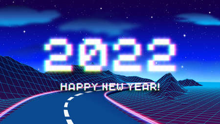 2022 New Year sign with glitched glowing pixels and road in 80s styled grid mountains. Winter...