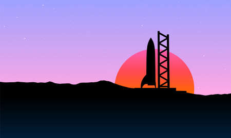 Space rocket ready to start on launching site. Spaceship silhouette takeoff countdown on the sunset...