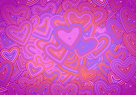 Valentines Day greeting card template or background with hearts and line ornament. Retro fashion hippie psyhedelic design.のイラスト素材