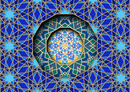 Arabic ornament with girih patterns and round frame element with star. Abstract islamic background with traditional geometric patternのイラスト素材