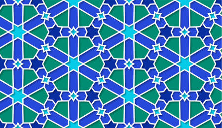 Arabic seamless girih pattern with classic islamic culture ornament. Colorful tiled background with shadow.のイラスト素材