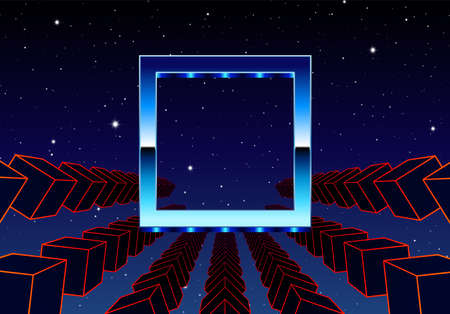 Synthwave frame with chrome square and 80s styled synthwave arcade game landscape.のイラスト素材