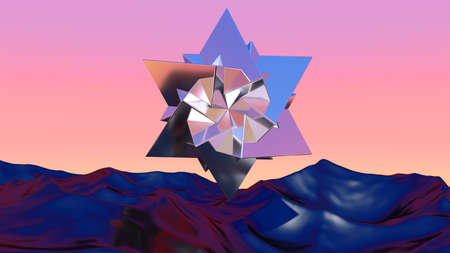 Abstract chrome shape over blue landscape in vaporwave sunset. Background with mysterious surreal...
