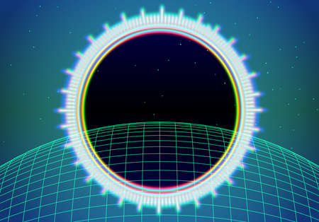 Neon interface background with grid and ruler. Abstract technology frame in 80s retro computer styleのイラスト素材