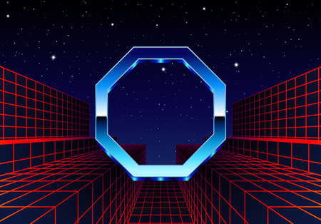 Synthwave frame with chrome polygon and 80s styled synthwave arcade game landscape.のイラスト素材