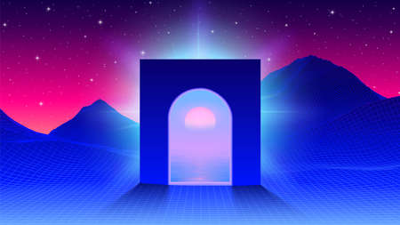 Abstract synthwave scene with arch or gate to another world with vaporwave sunset. 80s gaming mountain landscape with window or sureal portal.のイラスト素材