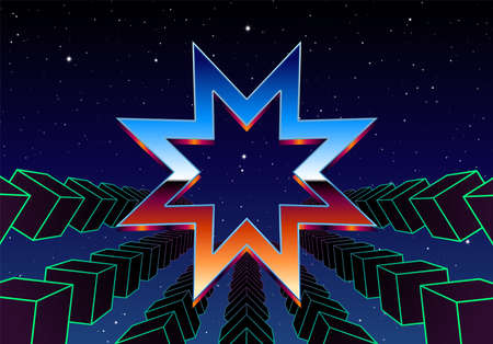 Synthwave frame with chrome star and 80s styled synthwave arcade game landscape.