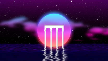 Aesthetic landscape with colonnade of white pillars in surreal sea. 90s or 80s styled vaporwave...