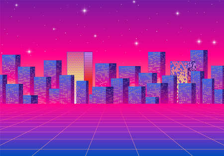 Neon city landscape with synthwave or 80s style. Abstract skyline buildings on the purple sky horizon.のイラスト素材