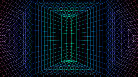 Geometric grid background with neon colored 80s styled mesh. Synthwave or retrowave abstract background with retro computer grid.のイラスト素材