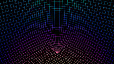 Geometric grid background with neon colored 80s styled mesh. Synthwave or retrowave abstract background with retro computer grid.のイラスト素材