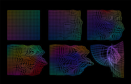 Set of distorted grid backgrounds in vaporwave or 90s style with colorful gradient. Wave bent graphic grid for music cover design.のイラスト素材