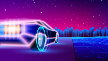 Neon car in 80s synthwave style racing to the city. Retrowave auto illustration with shiny neon car...