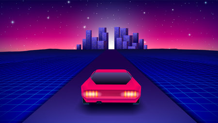 Neon car in 80s synthwave style racing to the city. Retrowave auto illustration with shiny neon car on the grid landscape road in 90s arcade game style.のイラスト素材