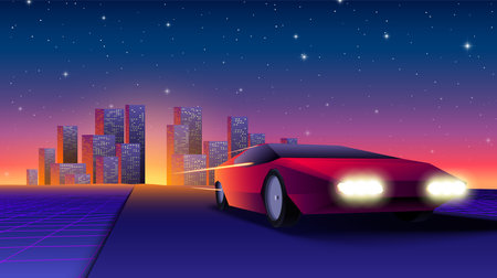 Red neon car in 80s synthwave style escaping from the city. Retrowave auto illustration with shiny racing car on the grid landscape road in 90s arcade game styleのイラスト素材