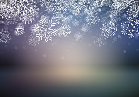 Christmas card with snowflakes falling on soft blurred background. Xmas or winter holidays greetings card with snowfall and glowing backdrop.のイラスト素材