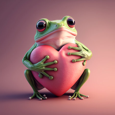 Valentines Day greeting card with frog holding heart. Romantic frog offers love by hugging heart. Generative AI.の写真素材
