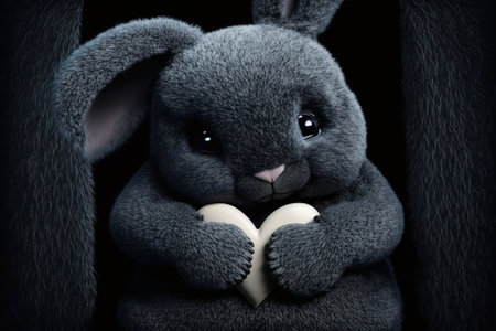 Cute fluffy black rabbit hugging red heart. Valentines Day greetings from romantic bunny holding heart. Generative AI.の写真素材
