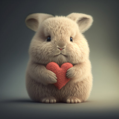 Cute fluffy rabbit hugging red heart. Valentine's Day greetings from romantic bunny holding heart. Generative AIの写真素材