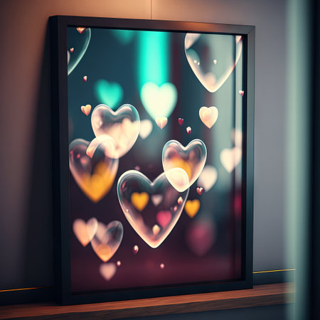 Valentines Day card with shiny hearts in the frame. Lava lamp or glass styled hearts composition for...
