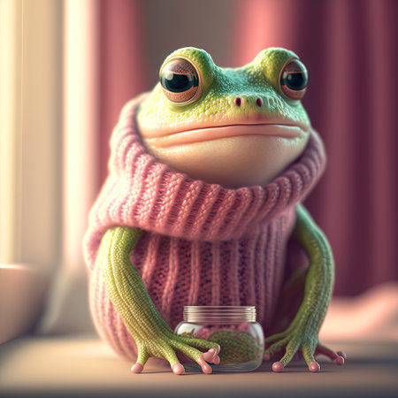 Frog in pink knitted sweater relaxing at home. Funny green frog in cozy clothes, self care concept. Generative AIの写真素材