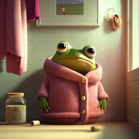 Frog in pink knitted sweater relaxing at home. Funny green frog in cozy clothes, self care conceptの写真素材