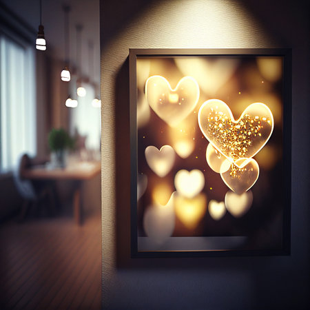 Valentines Day card with shiny hearts in the frame. Lava lamp or glass styled hearts composition for...