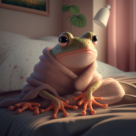 Frog in pink knitted sweater relaxing at home. Funny green frog in cozy clothes, self care concept