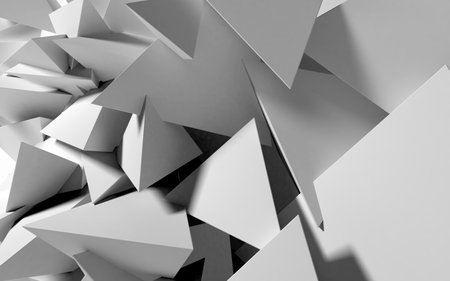 Abstract background with white 3D shapes flying in the light as a messy array or chaotic structure for any pastel backdropの写真素材