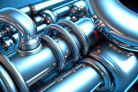 Abstract chrome pipes composition. Industry themed background with shiny metallic connected pipesの写真素材