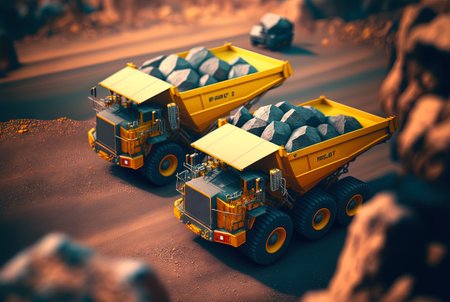 Dump truck for heavy industry mining. Ore or coal mining site with huge yellow vehicles. Industrial transport. Generated AIの写真素材