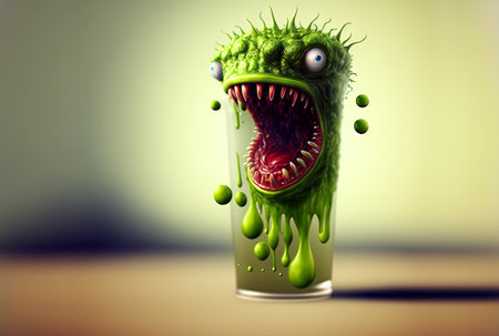 Funny monster juice. Cute glass of juice character with splashing fresh beverage. Generated AIの写真素材