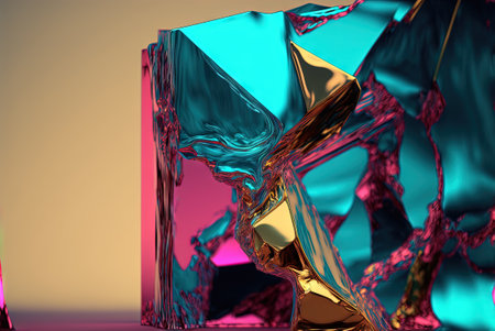 Abstract background with free 3D golden shapes, flowing and melting in surreal motion. Soft splashing abstract forms background with blue and purple crystal inclusion.の写真素材