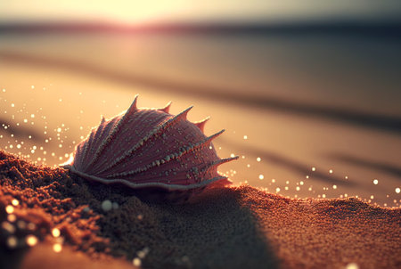 Surreal shell on the beach. Abstract clam with filigree shape on the sand.の写真素材