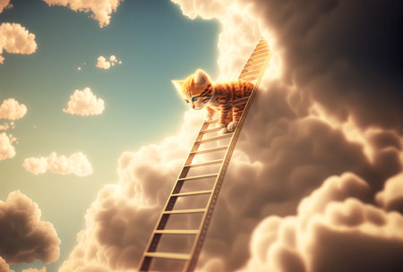 Curious kitten climbing the ladder to the sky with clouds. Cute tiny cat on the stairway.の写真素材