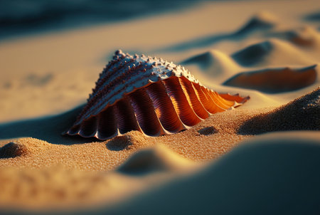 Surreal shell on the beach. Abstract clam with filigree shape on the sand.の写真素材