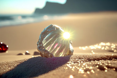 Abstract fantasy shell on the beach. Surreal seashell on the alien planet landscape. Generated AIの素材