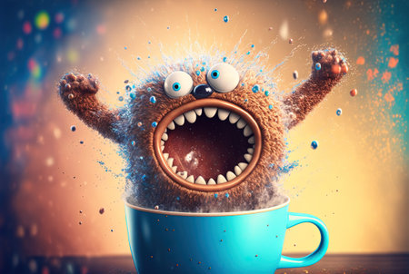 Coffee monster with crazy eyes. Cute character with caffeine energy, very excited. Generated AI.の素材