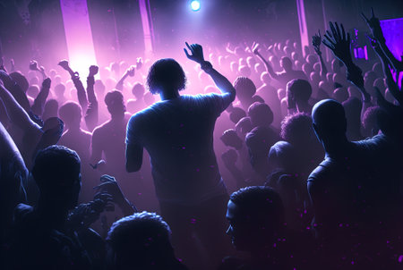 Party people on the show. Night club with lights and dancing people. Party crowd. Generated AI.の素材