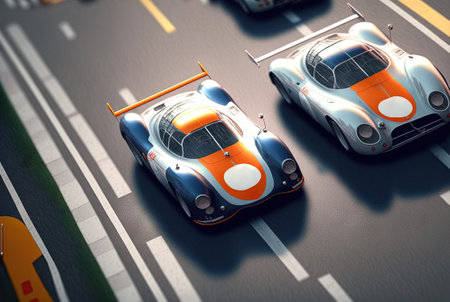 Racing car on the track. Outdoor race with fast cars making speed laps. Generated AI.の素材
