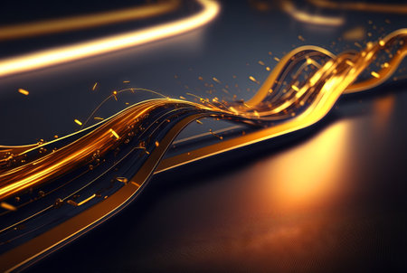 Technology abstract with shiny data wave flow. Science concept with glowing wires connected on futuristic background. Generated AI.の素材