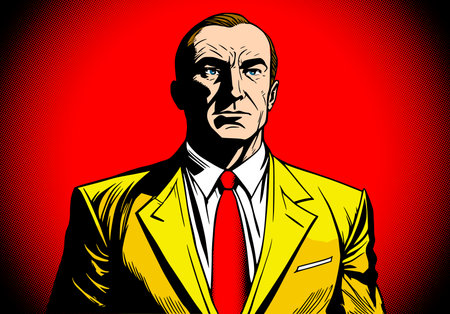 Confident businessman in comics style looking at the future. Boss with the red necktie in pop-art style.のイラスト素材