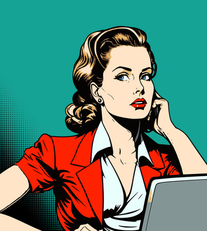 Woman with laptop talking on the phone. Business woman in comics or pop-art style working in the office.のイラスト素材